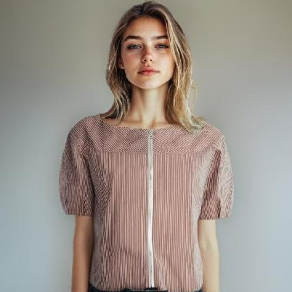 Vintage Designer Lida Baday Rust Copper Stripes Zip Cropped Dress Top Blouse 6